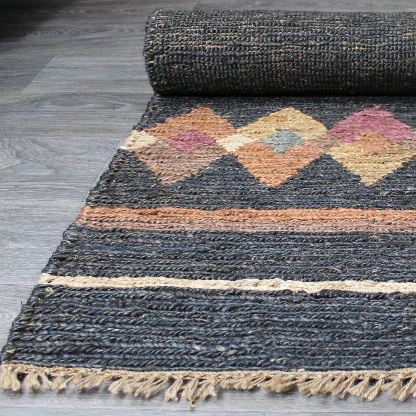 Natural Geo Spontaneous Jute Handwoven Charcoal/Multi Abstract Area Rug