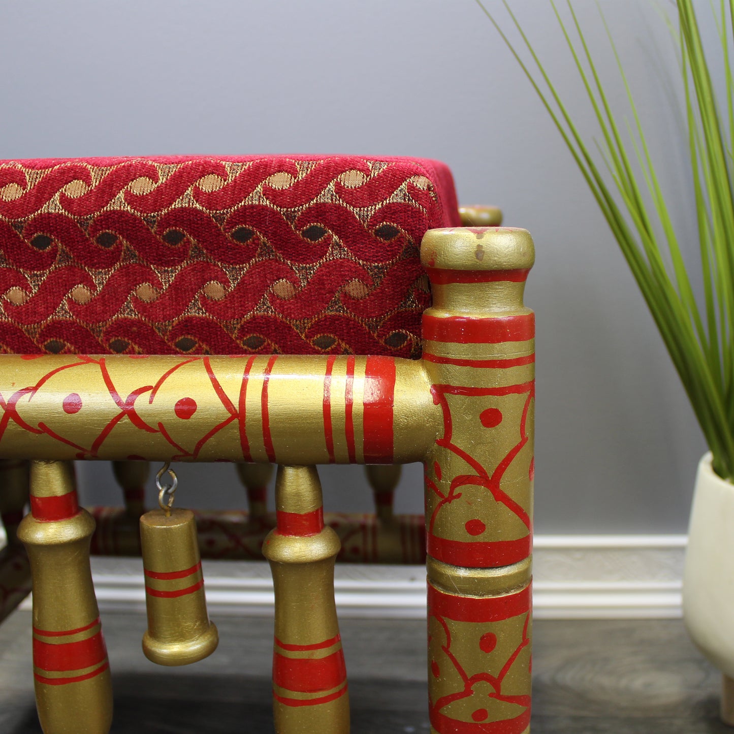 Natural Geo Decorative Red/Gold Rosewood Cushioned Accent Stool