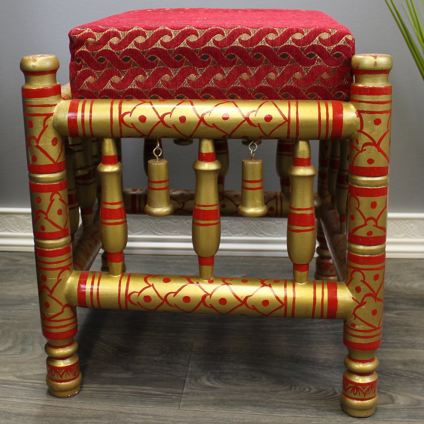 Natural Geo Decorative Red/Gold Rosewood Cushioned Accent Stool