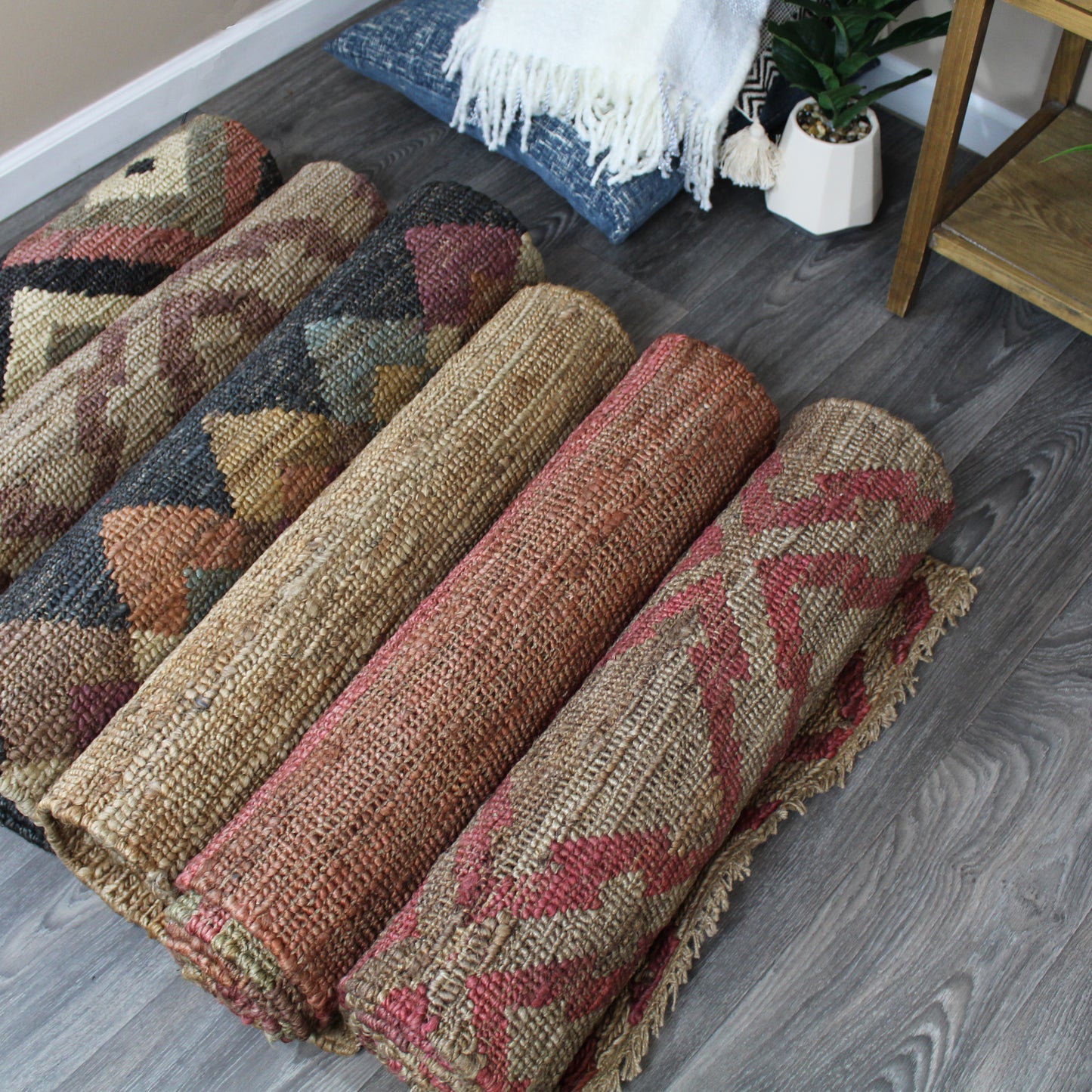 Natural Geo Spontaneous Jute Handwoven Maroon/Orange Striped Area Rug