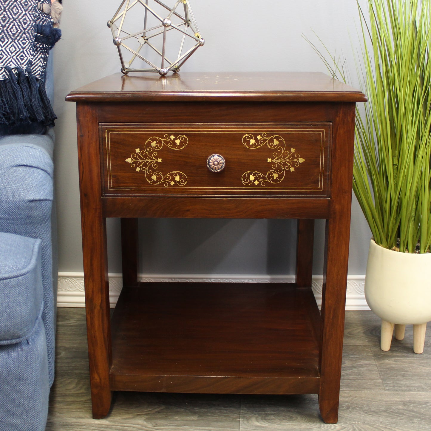 Natural Geo Decorative Rosewood Square Wooden End Table with Drawer