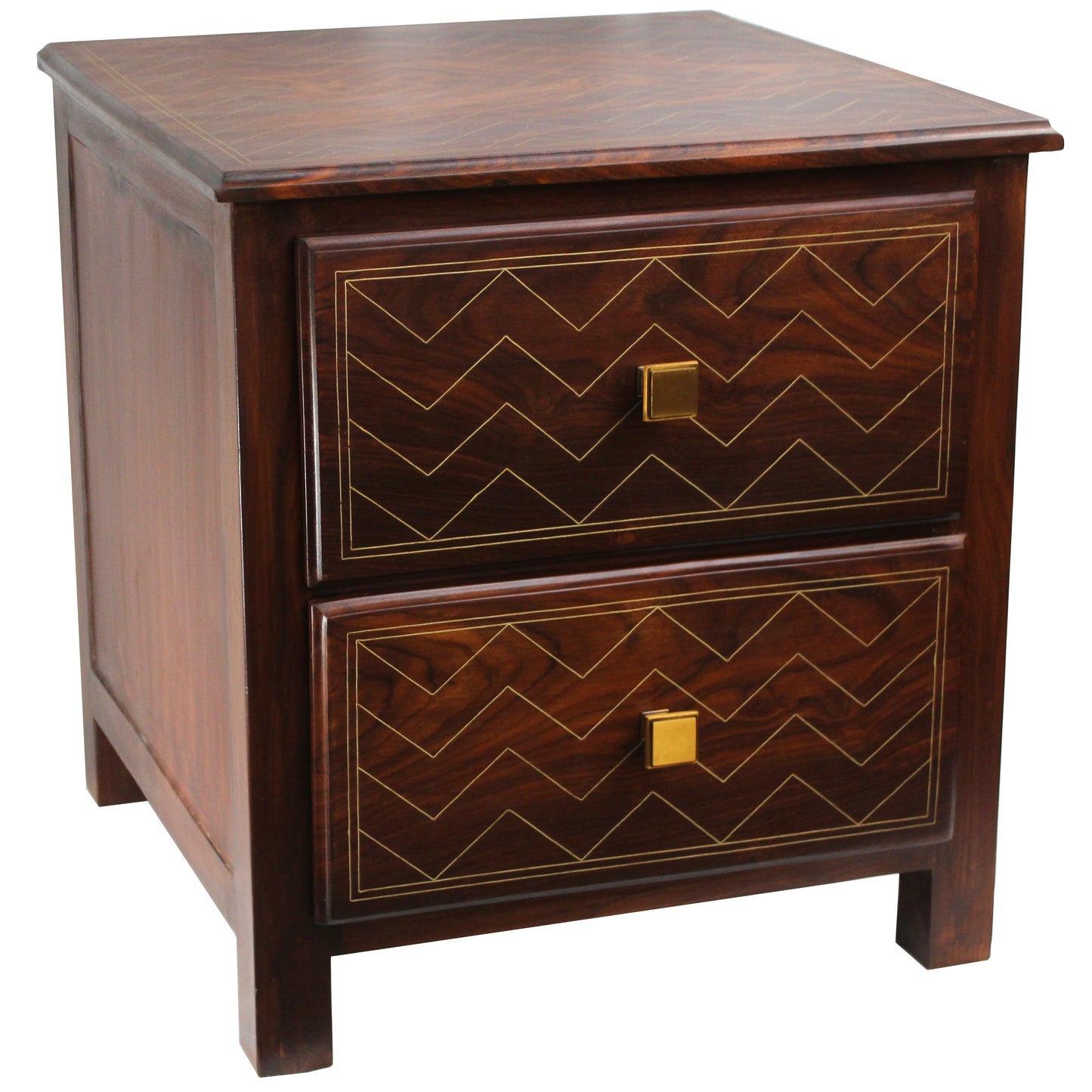 Natural Geo Rosewood Square Wooden End Table - Chevron Golden Brass Inlay