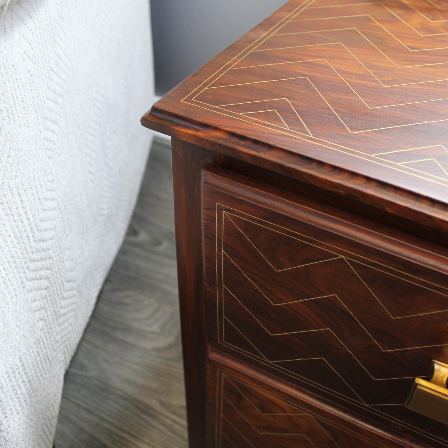 Natural Geo Rosewood Square Wooden End Table - Chevron Golden Brass Inlay