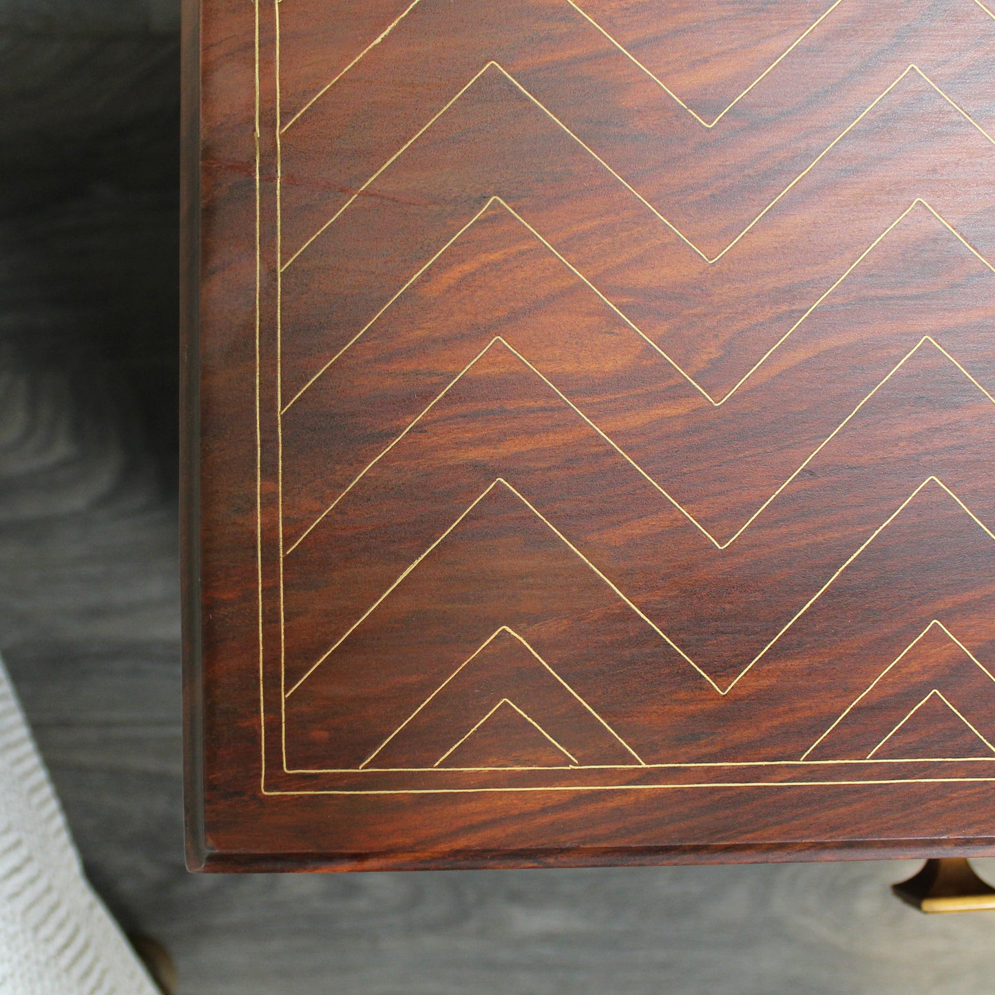 Natural Geo Rosewood Square Wooden End Table - Chevron Golden Brass Inlay