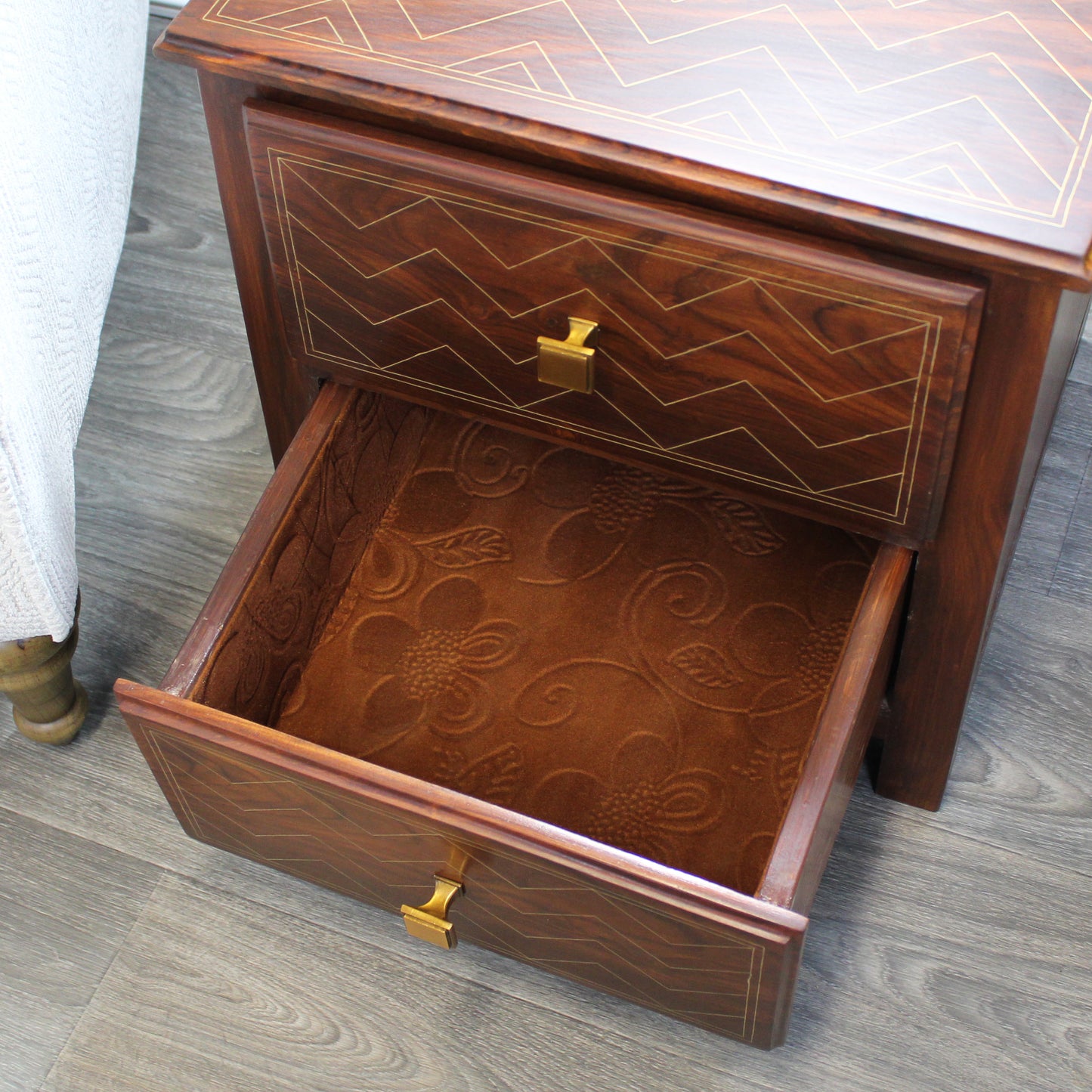 Natural Geo Rosewood Square Wooden End Table - Chevron Golden Brass Inlay