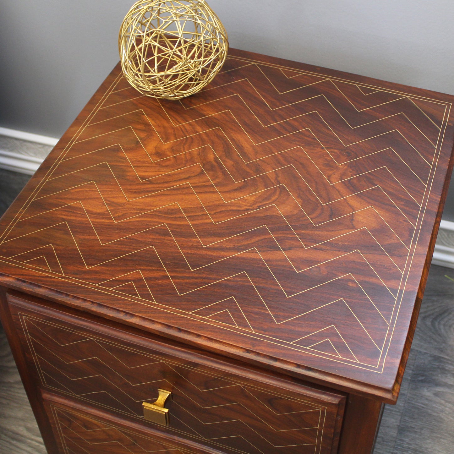 Natural Geo Rosewood Square Wooden End Table - Chevron Golden Brass Inlay