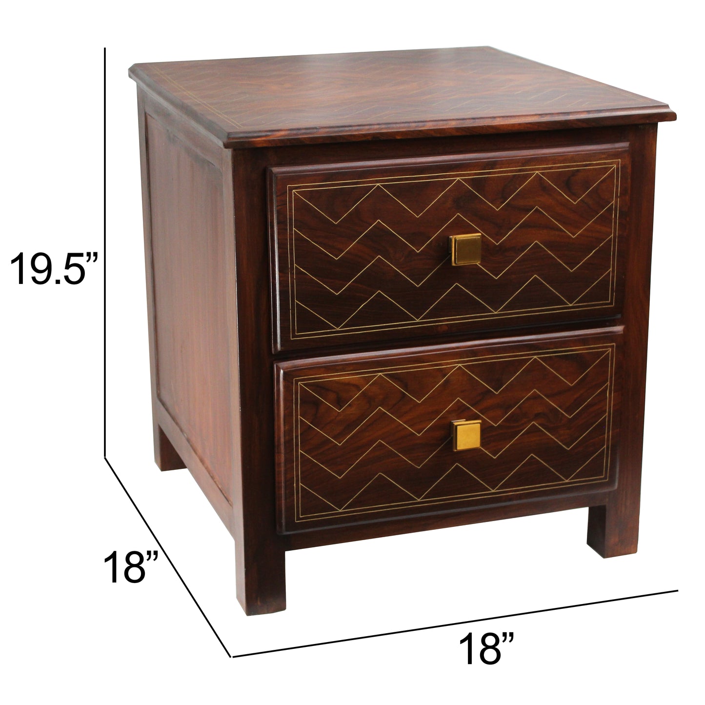 Natural Geo Rosewood Square Wooden End Table - Chevron Golden Brass Inlay