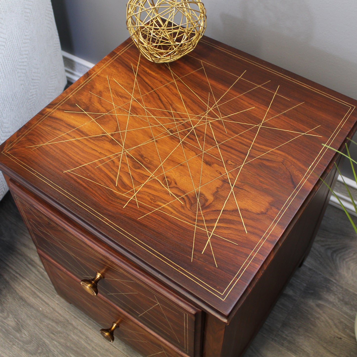 Natural Geo Rosewood Square Wooden End Table - Abstract Golden Brass Inlay