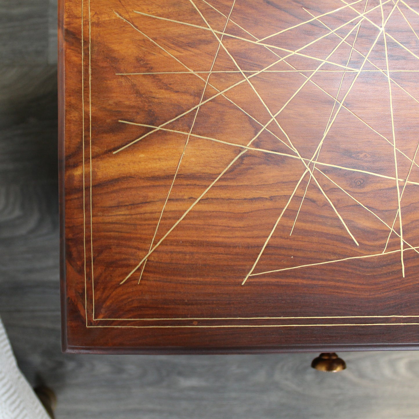 Natural Geo Rosewood Square Wooden End Table - Abstract Golden Brass Inlay