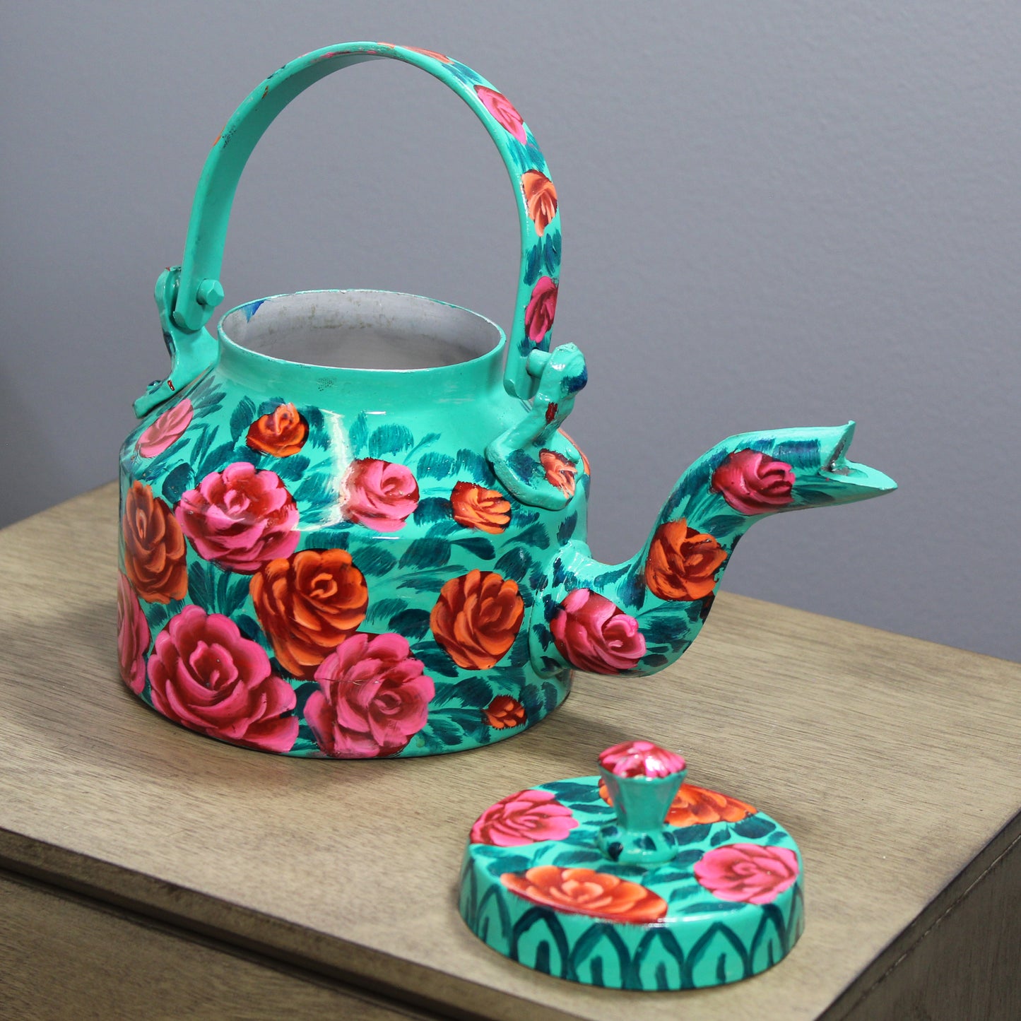 Natural Geo Turquoise Floral 9" Decorative Steel Kettle