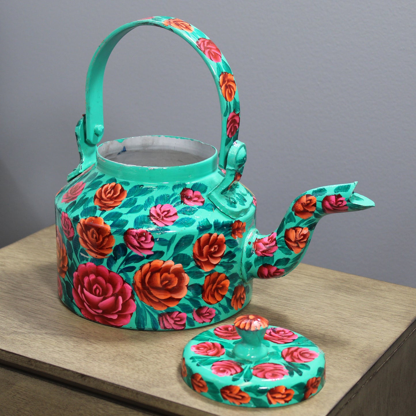 Natural Geo Turquoise Floral 10" Decorative Steel Kettle