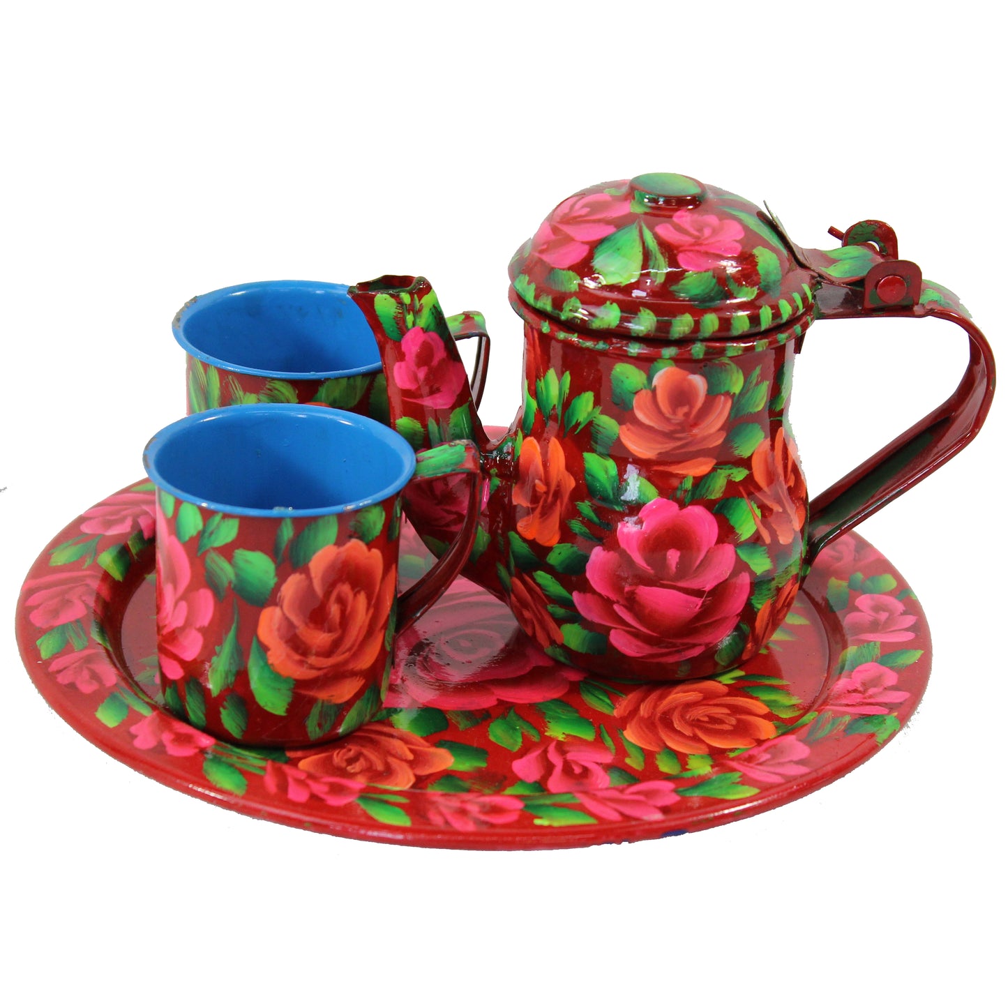 Natural Geo Red Floral 4 Piece Decorative Steel Tea Set