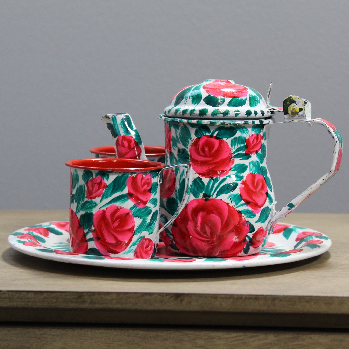 Natural Geo White Floral 4 Piece Decorative Steel Tea Set