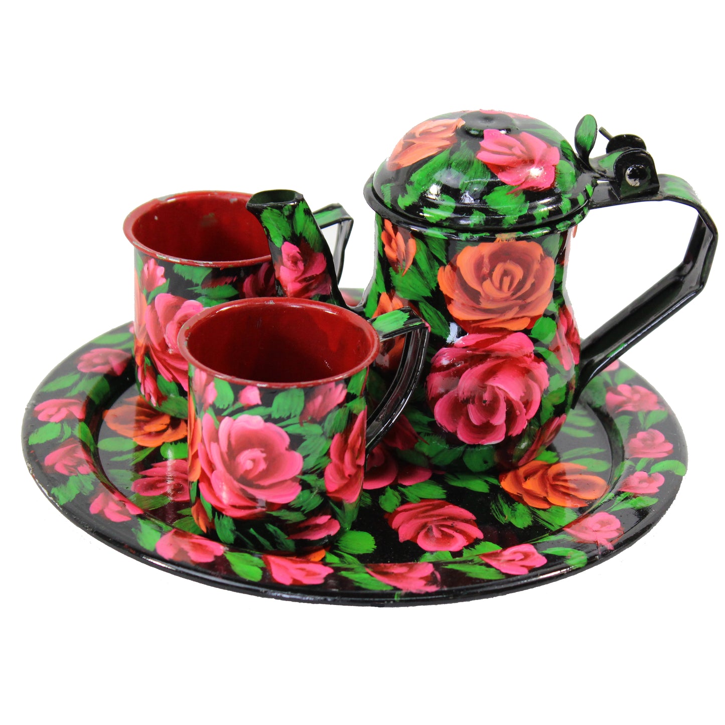 Natural Geo Black Floral 4 Piece Decorative Steel Tea Set