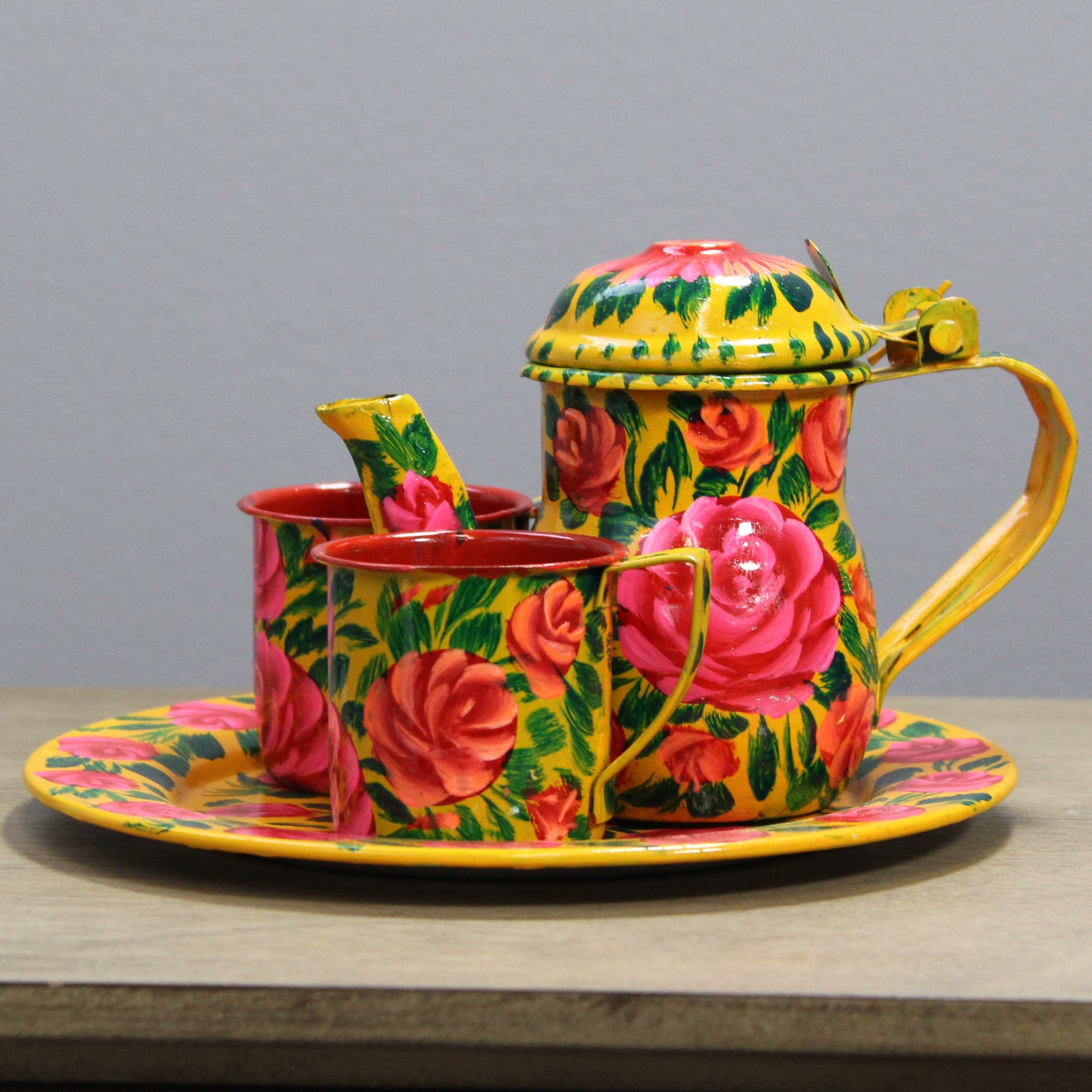 Natural Geo Yellow Floral 4 Piece Decorative Steel Tea Set