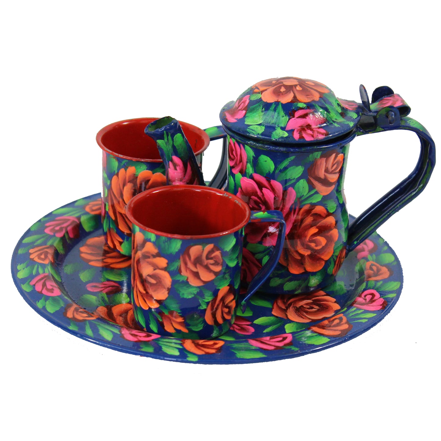Natural Geo Dark Blue Floral 4 Piece Decorative Steel Tea Set
