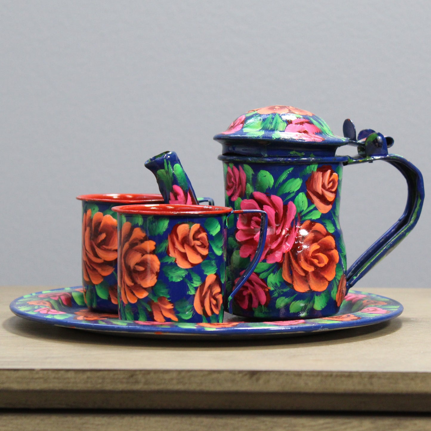 Natural Geo Dark Blue Floral 4 Piece Decorative Steel Tea Set