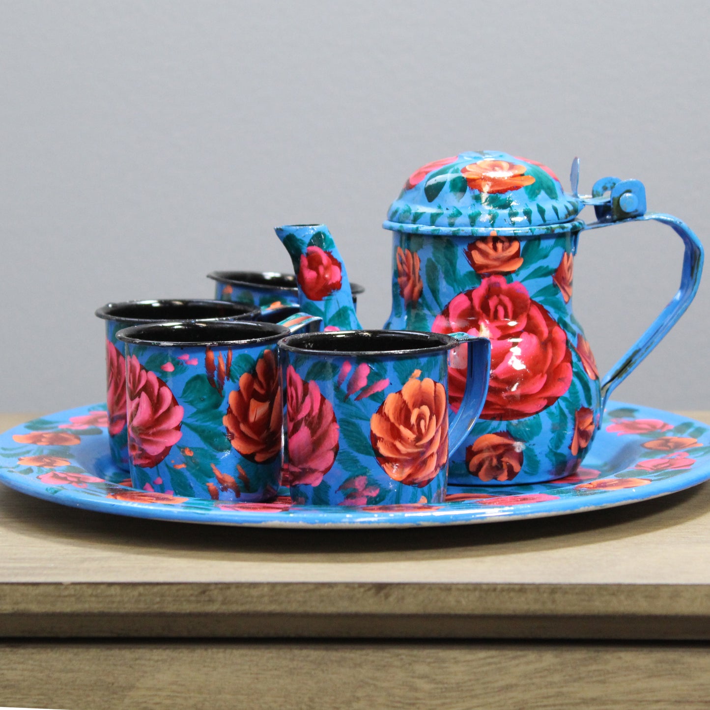 Natural Geo Light Blue Floral 6 Piece Decorative Steel Tea Set