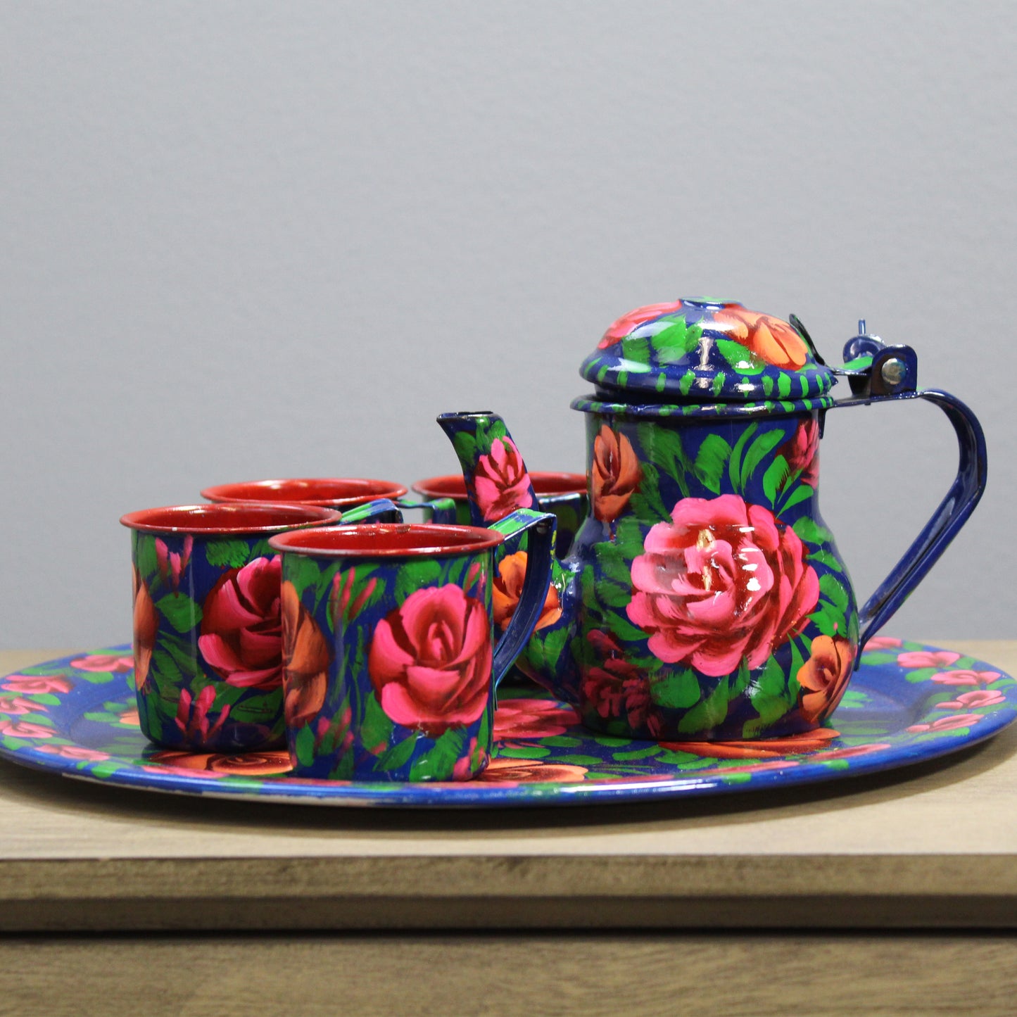 Natural Geo Dark Blue Floral 6 Piece Decorative Steel Tea Set