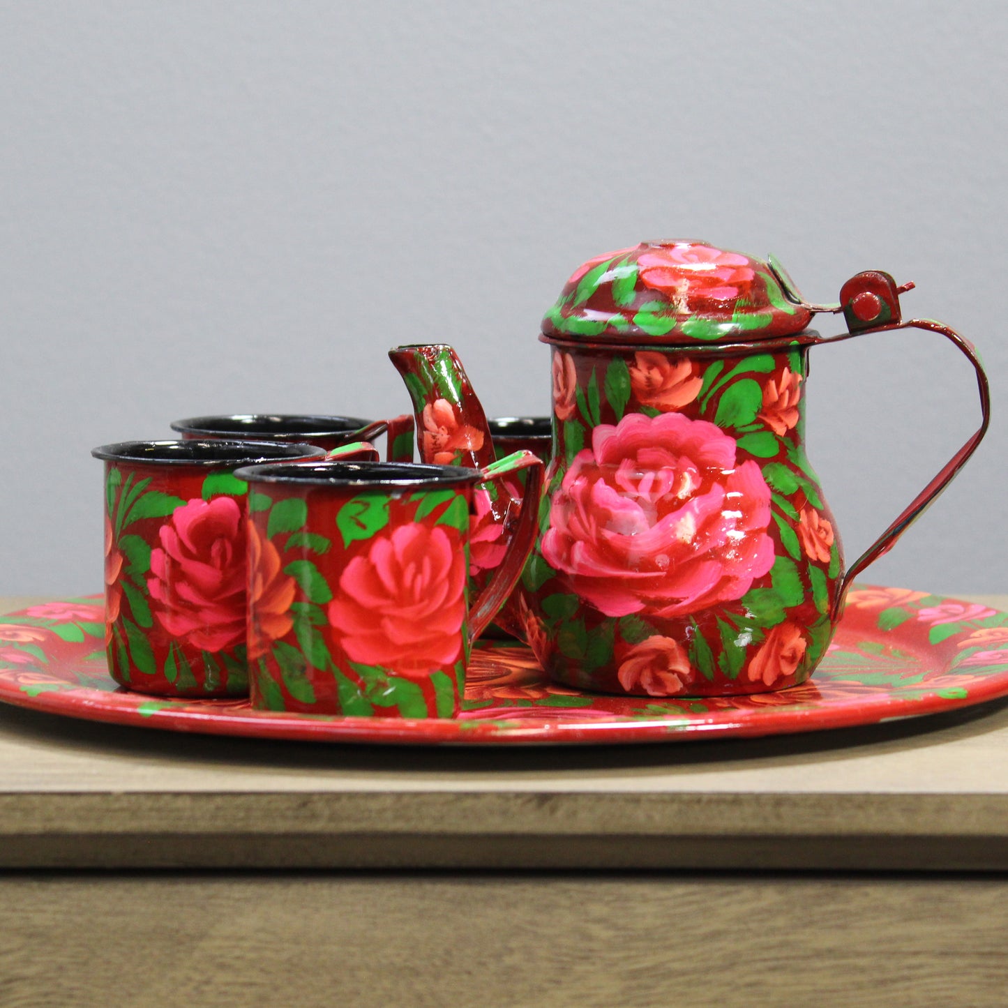 Natural Geo Red Floral 6 Piece Decorative Steel Tea Set
