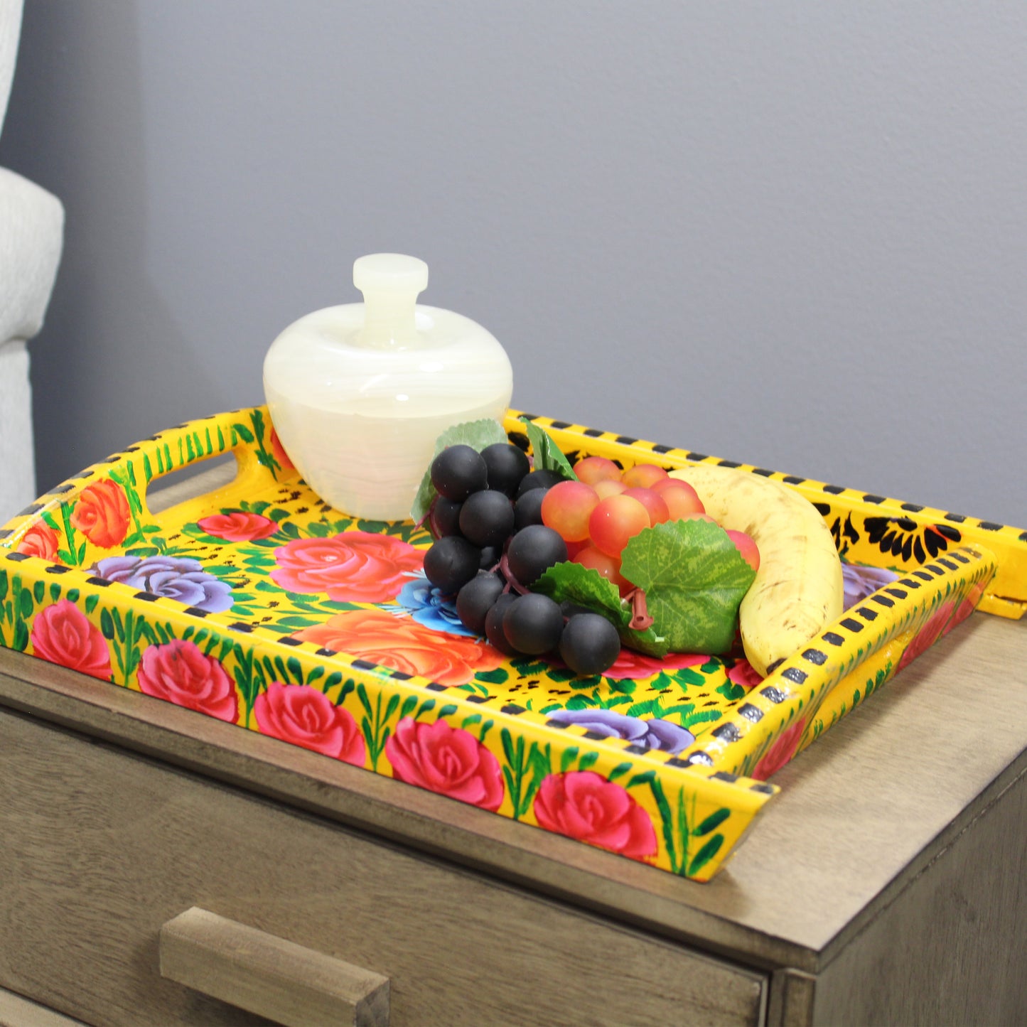 Natural Geo Yellow Floral Rosewood Serving Tray