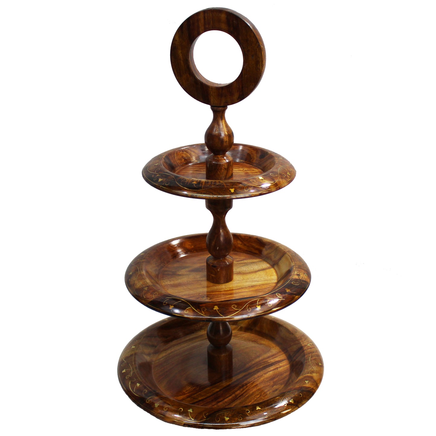 Natural Geo Rosewood Decorative Wooden Tiered Stand with Golden Brass Inlay