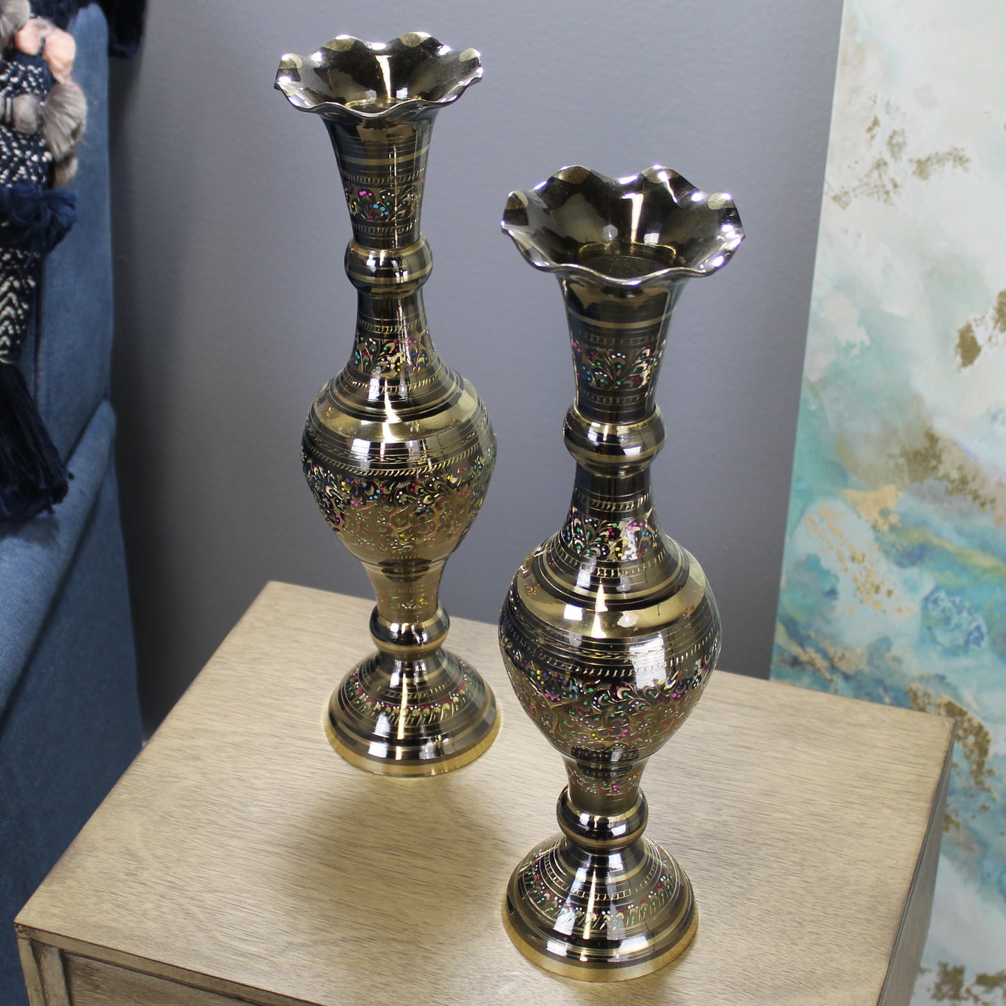 Natural Geo Decorative Brass 14" Multicolored Table Vase - Set of 2