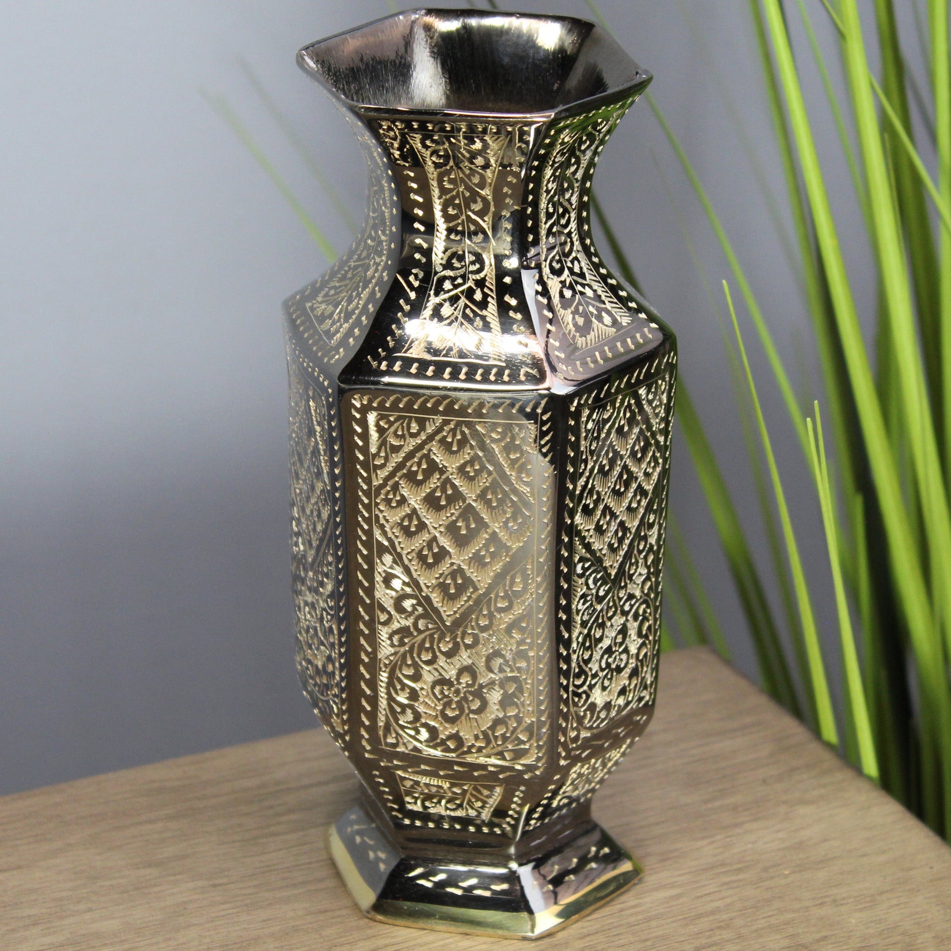 Natural Geo Brass Abstract Hexagonal 8" Bottle Vase