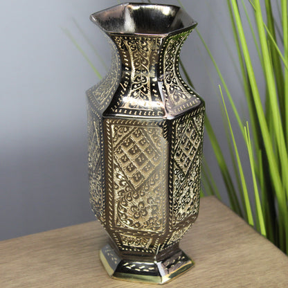 Natural Geo Brass Abstract Hexagonal 8" Bottle Vase