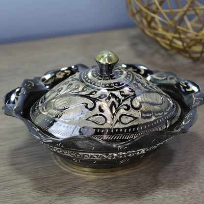 Natural Geo Decorative Black/Gold Brass Pot Oval Bowl with Lid