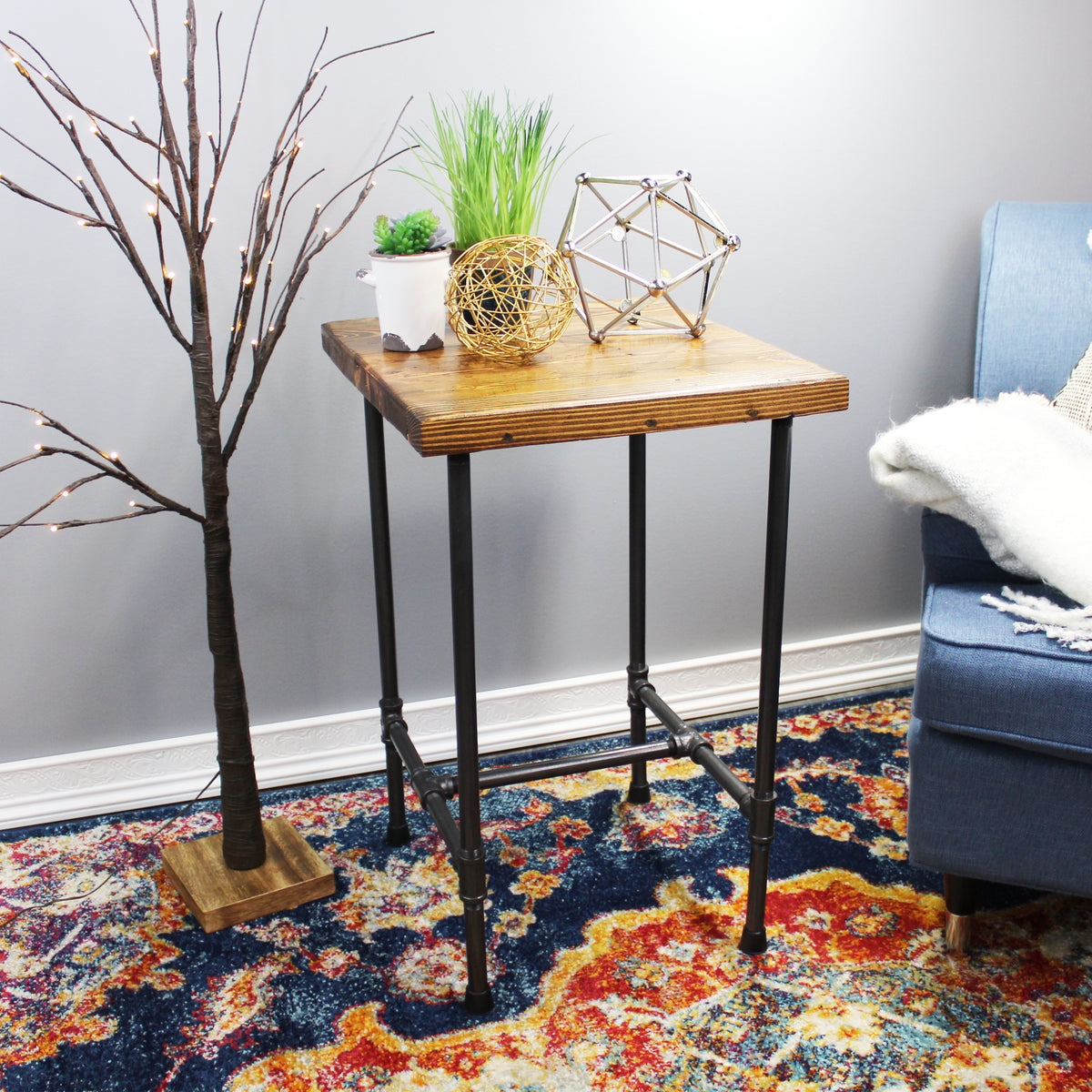 Natural Geo Dublin Rustic Pipe Wooden End Table – Natural Geo Home ...