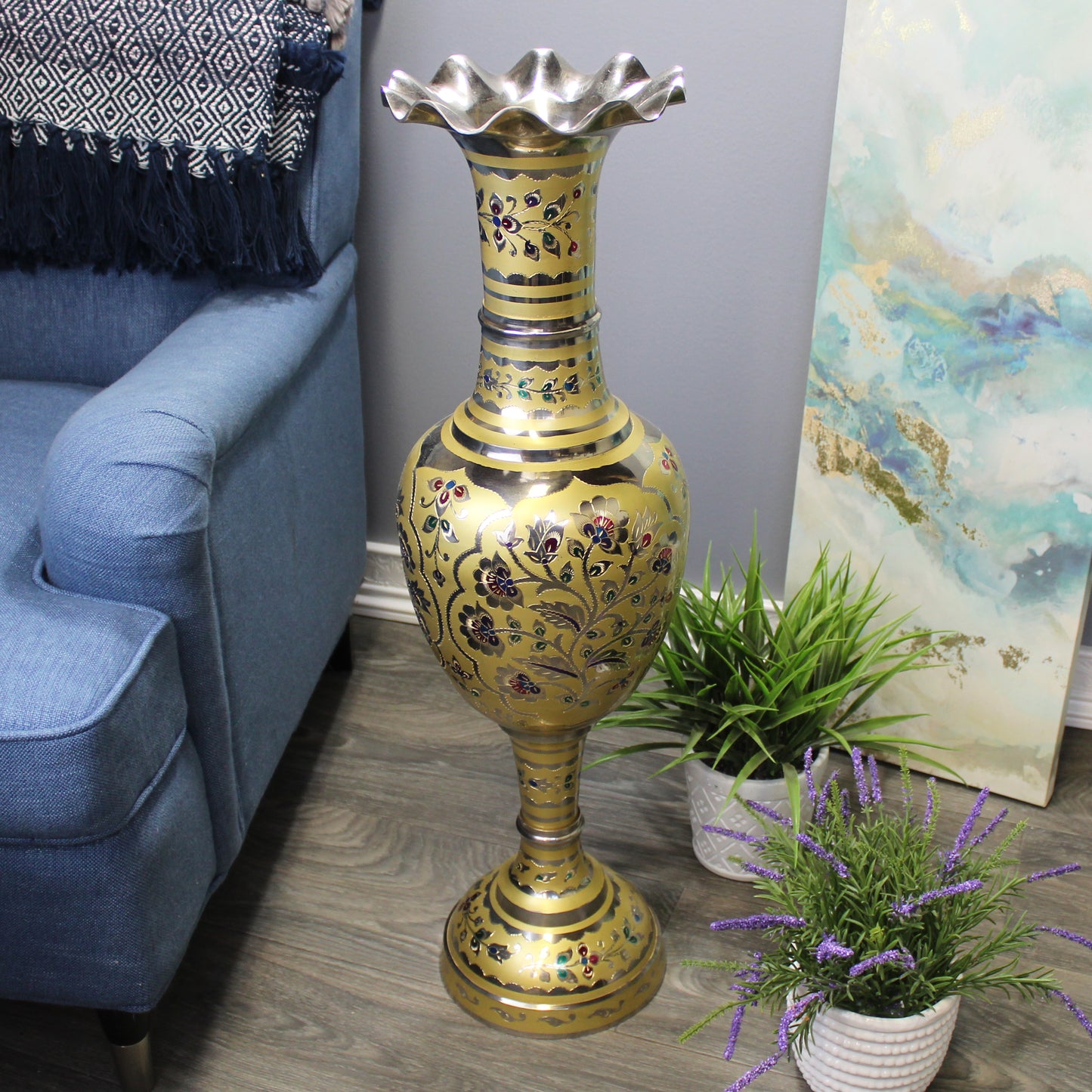 Natural Geo Decorative Brass 30" Yellow/Gold Floral Floor Vase
