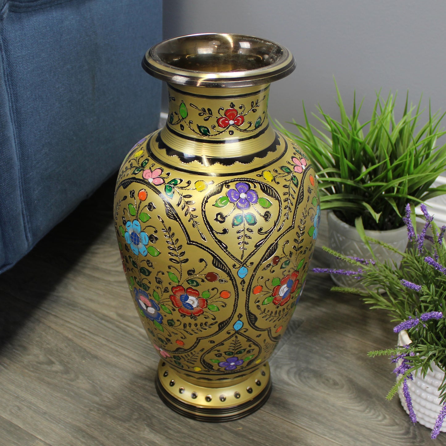 Natural Geo Decorative Brass 18" Yellow/Gold Floral Chinese Jar