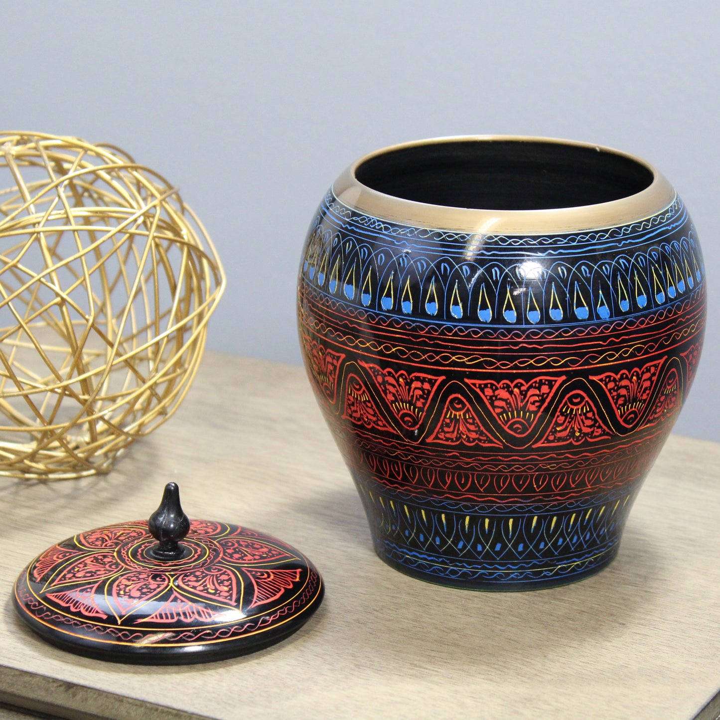 Natural Geo Blue/Red 8" Rosewood Jar