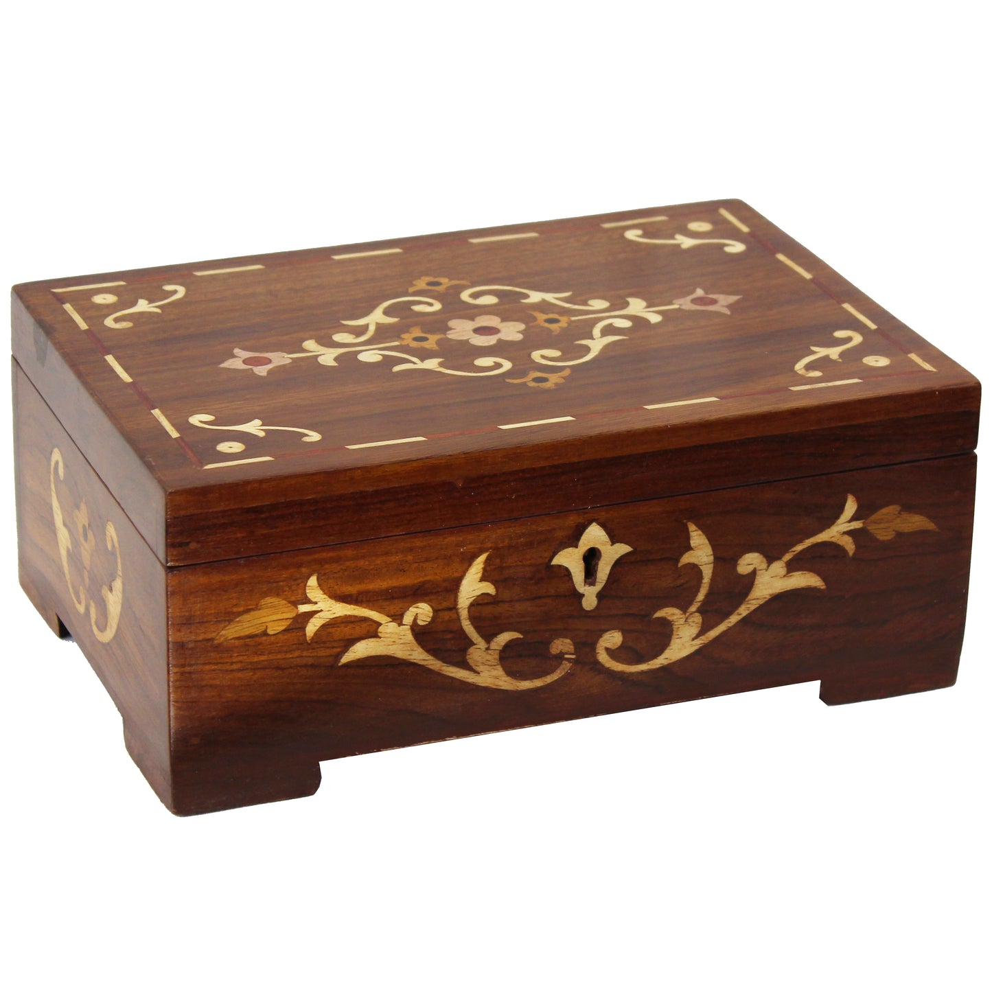 Natural Geo Handmade Rosewood Flower Wooden Decorative Box with Key