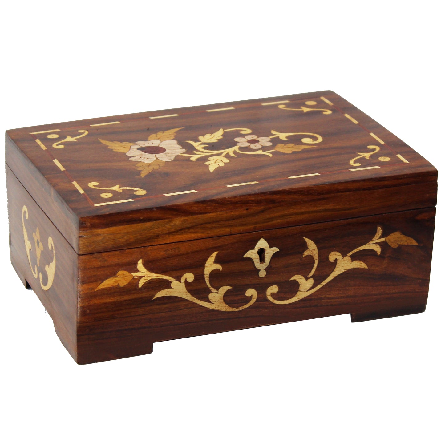 Natural Geo Handmade Rosewood Floral Wooden Decorative Box with Key