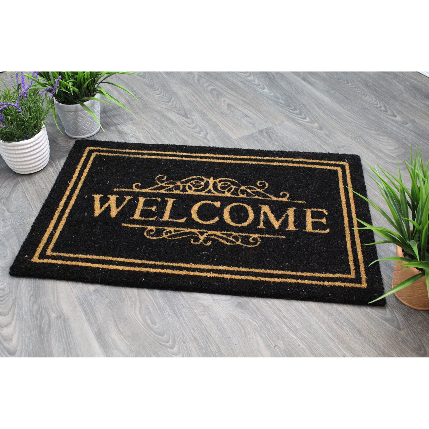 Natural Geo Island Classic Welcome Black/Beige Natural Coir Door Mat 20 x 31"