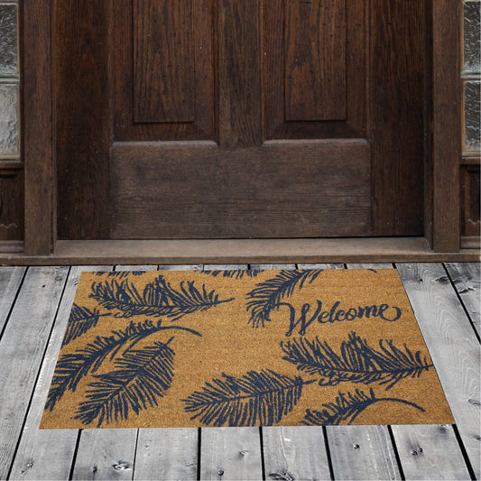 Natural Geo Island Ferns Welcome Beige/Blue Natural Coir Door Mat 18 x 30"