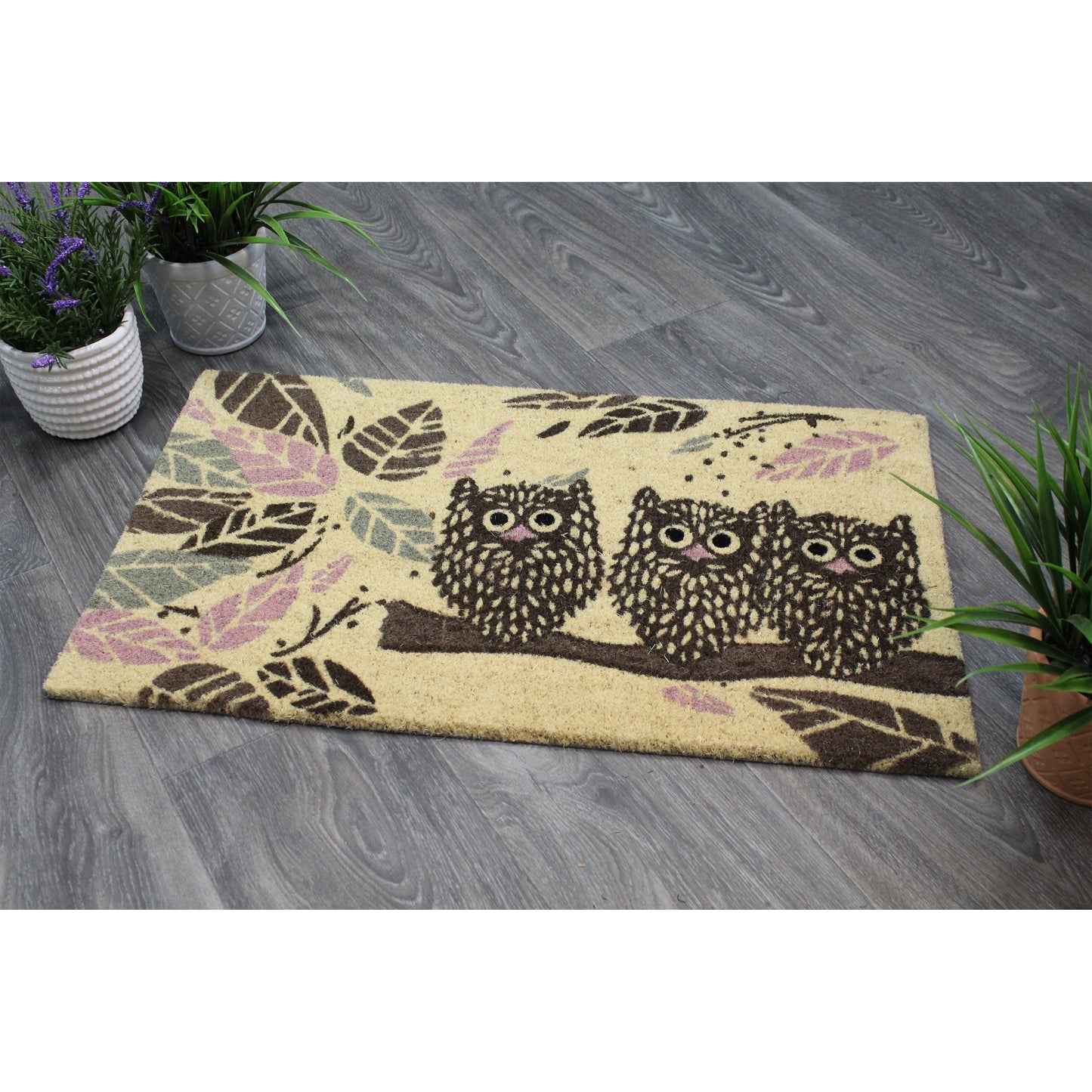 Natural Geo Island Staring Owls Yellow/Brown Natural Coir Door Mat 18 x 30"