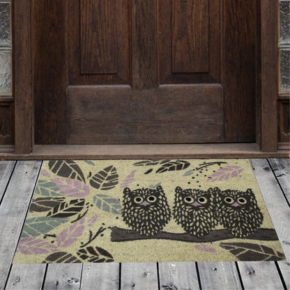 Natural Geo Island Staring Owls Yellow/Brown Natural Coir Door Mat 18 x 30"