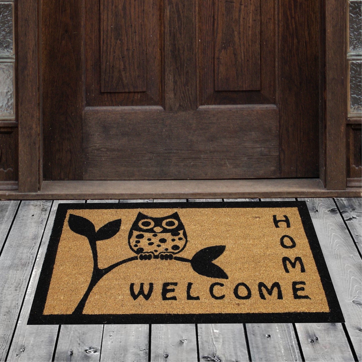 Natural Geo Island Sitting Owl Beige/Black Natural Coir Door Mat 18 x 30"