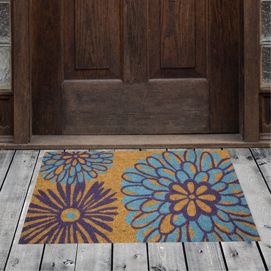 Natural Geo Island Abstract Floral Blue/Purple Natural Coir Door Mat 18 x 30"