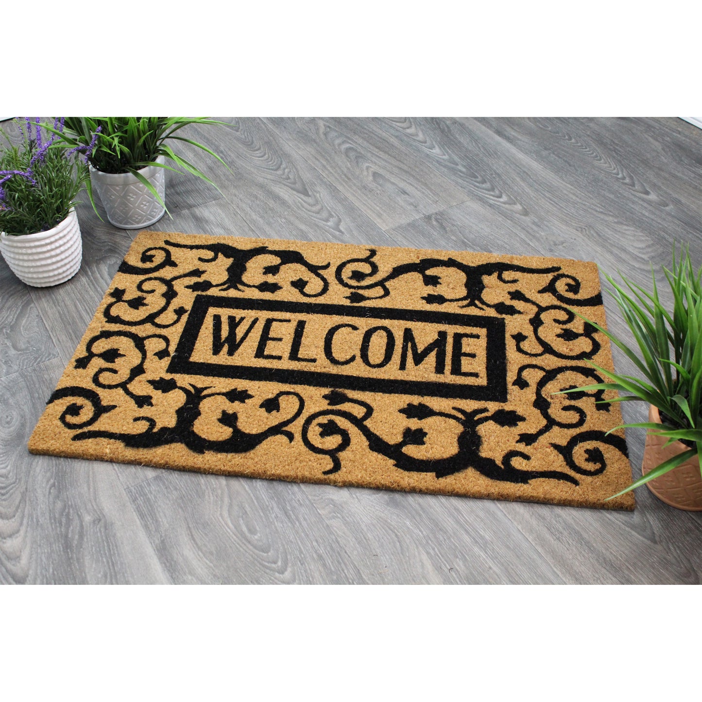 Natural Geo Island Paisley Welcome Black/Beige Natural Coir Door Mat 20 x 31"