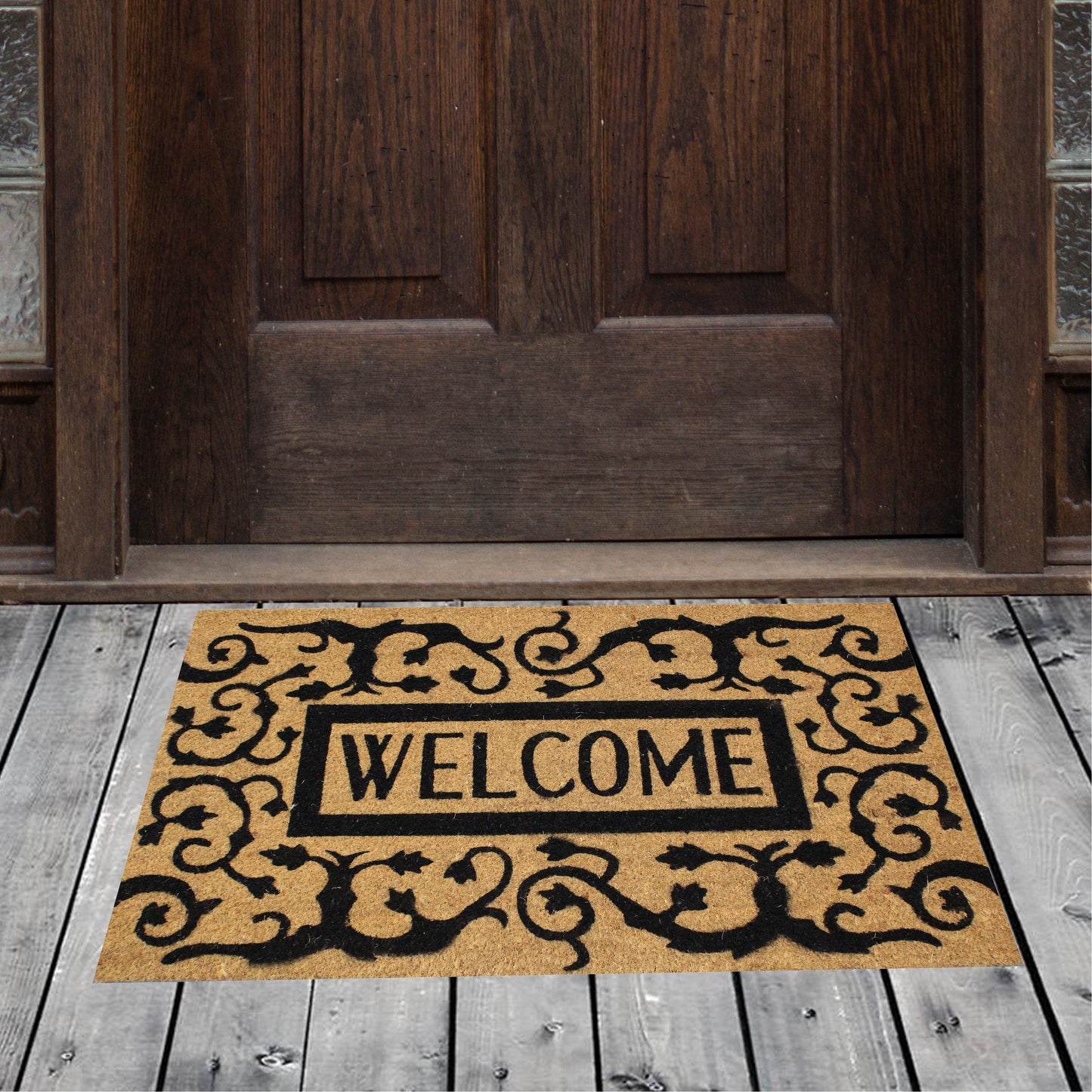 Natural Geo Island Paisley Welcome Black/Beige Natural Coir Door Mat 20 x 31"