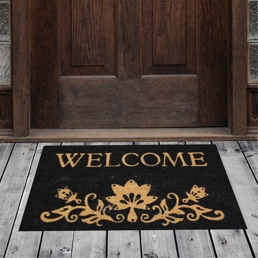 Natural Geo Island Floral Welcome Black/Beige Natural Coir Door Mat 18 x 30"