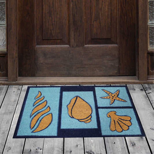 Natural Geo Island Beach Seashells Blue/Sky Natural Coir Door Mat 20 x 31"