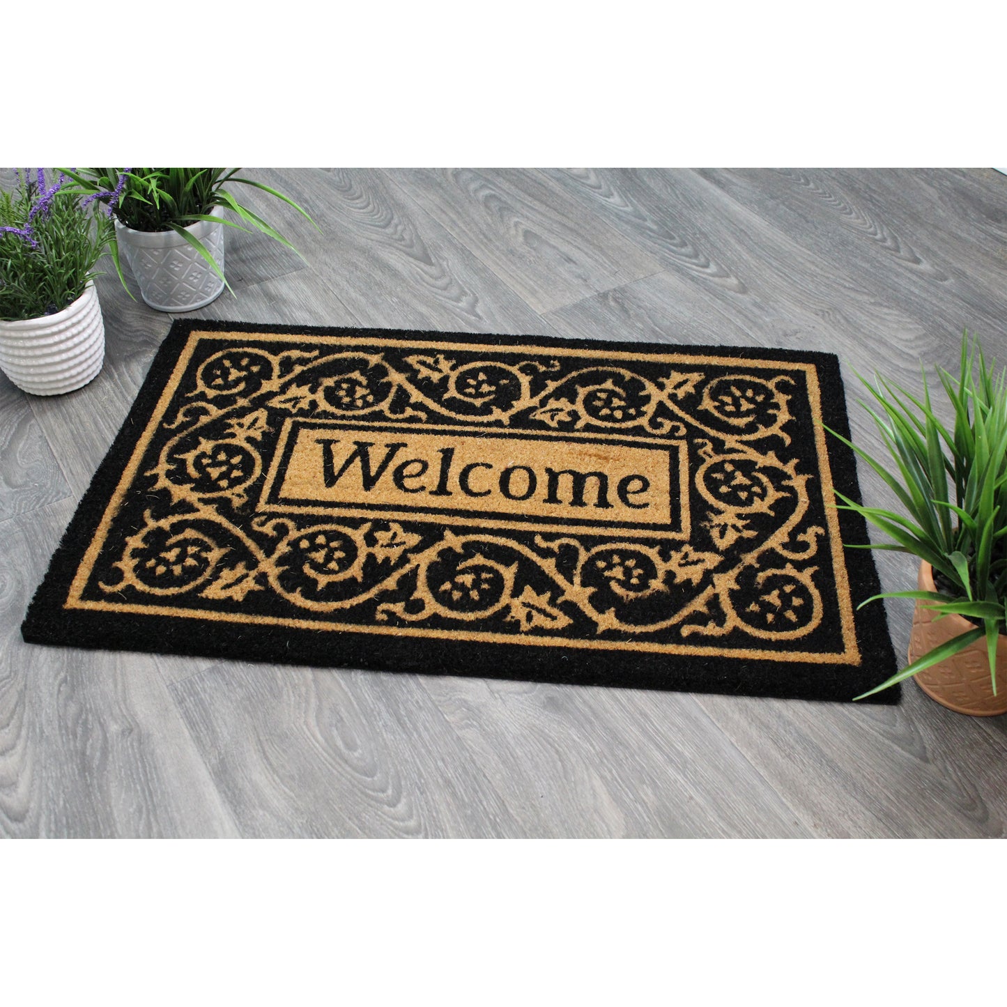 Natural Geo Island Paisley Welcome Black/Beige Natural Coir Door Mat 20 x 31"