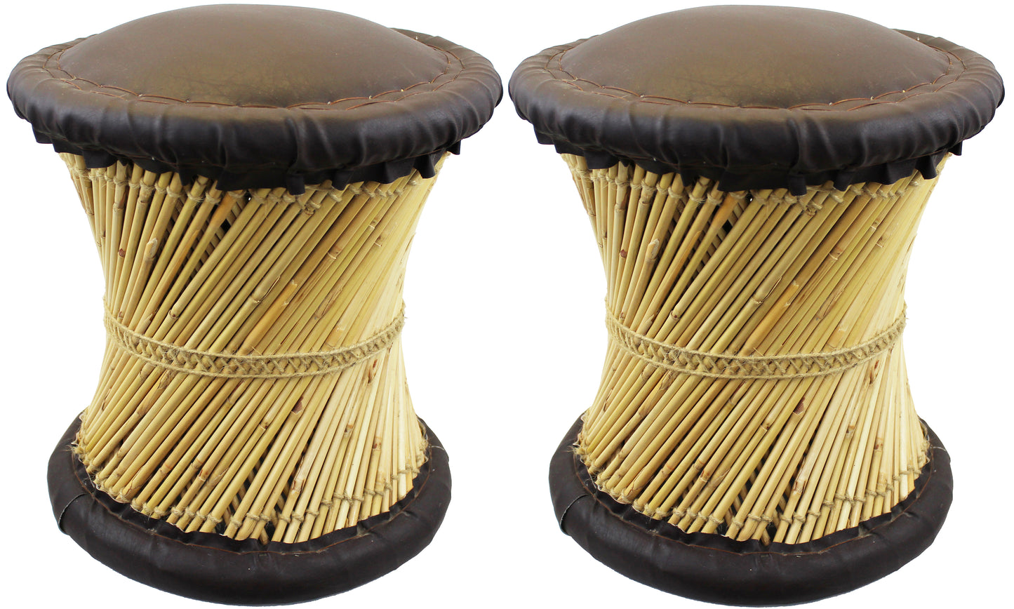 Natural Geo Moray Faux Leather/Reed Decorative Cushioned Accent Stool (Set of 2)