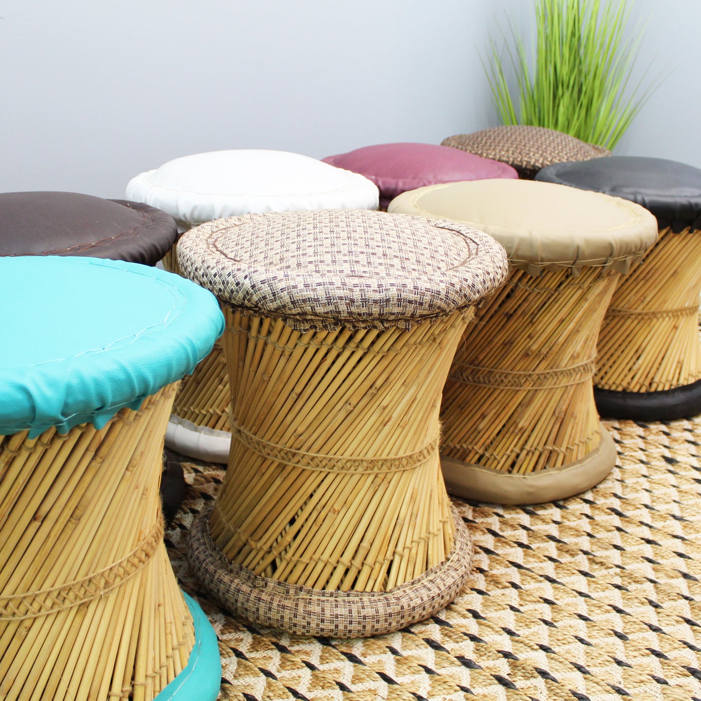 Natural Geo Moray Jute/Reed Decorative Cushioned Accent Stool