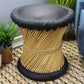 Natural Geo Moray Faux Leather/Reed Decorative Cushioned Accent Stool